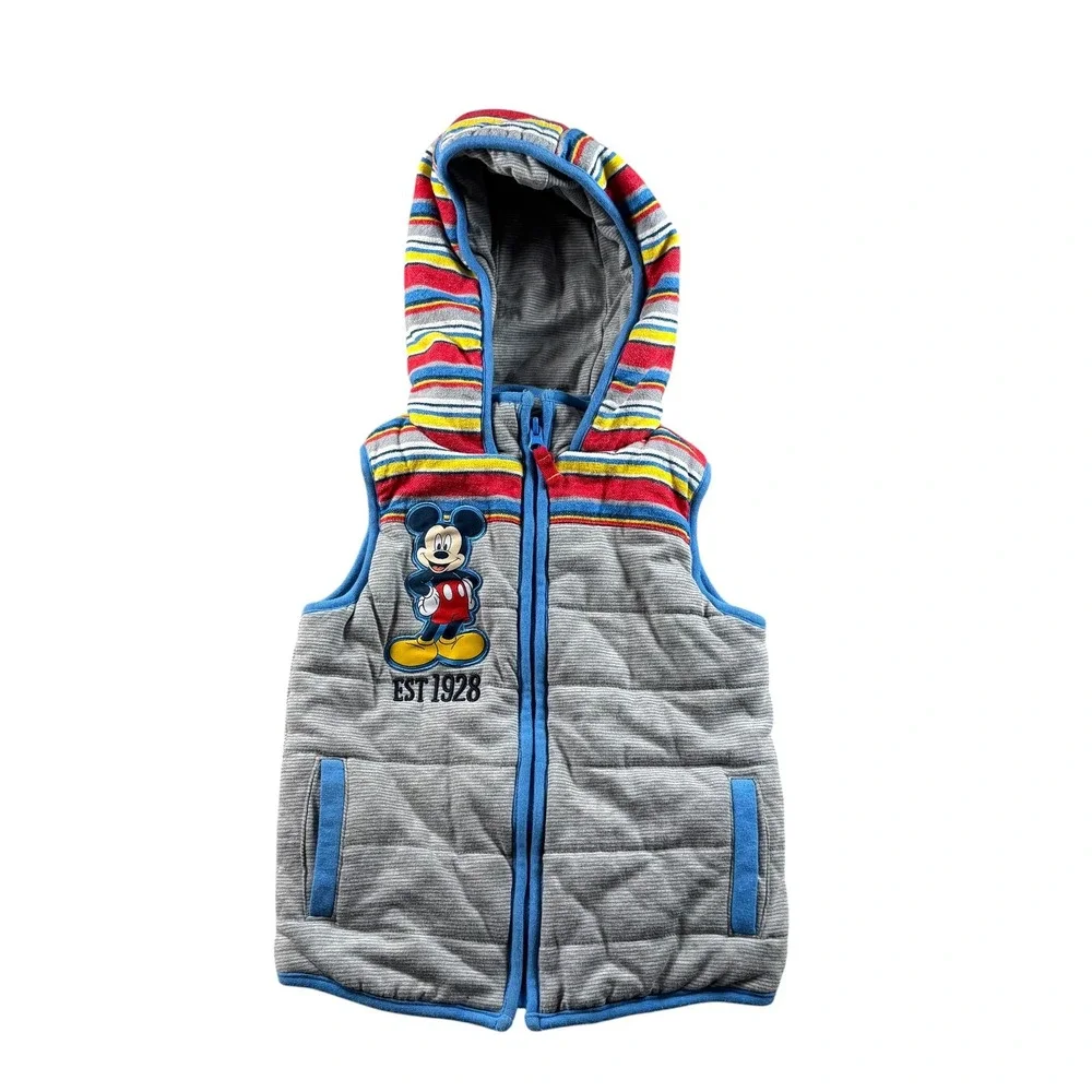 VTG Disney Puffer Vest Kids 3 Grey Mickey Mouse Striped Hooded Quilted Zip Up